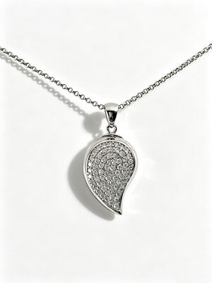 White Rhodium 925 Silver CZ Pendant  Blooming Teardrop Leaf  Pendant with Rolo Chain Jewellery Factory White AAA Pave CZ Stones  22*15.5mm Size 6.25g Total Weight Necklace Teardrop Leaves
