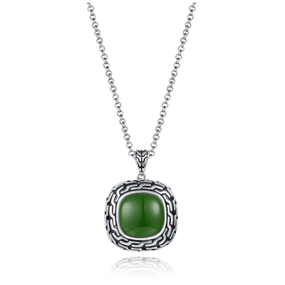 9.48g 925 은 보석용원석 매달리는 구슬 사슬 14x14mm 쿠션 녹색 제이드 펜던트